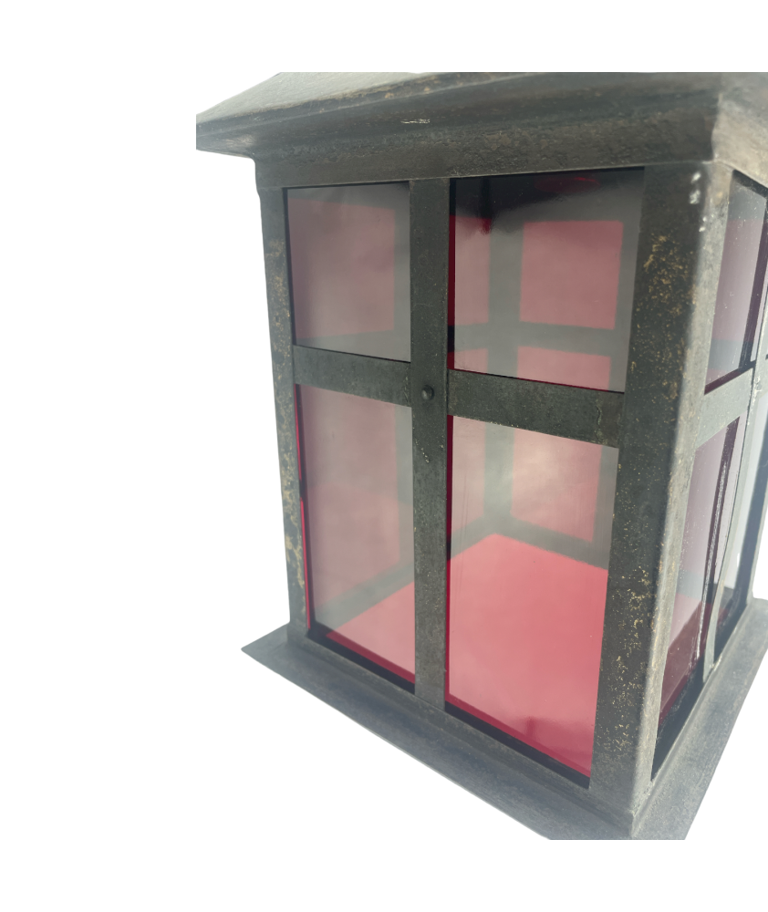 Charming Distressed Black Lantern with Red Glass Panels 