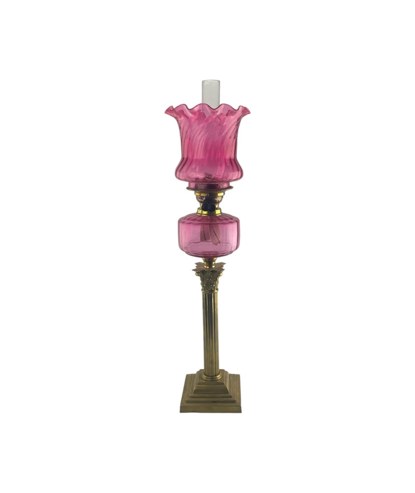 Duplex Oil Lamp with Pink Font, Chimney and Cranberry Shade