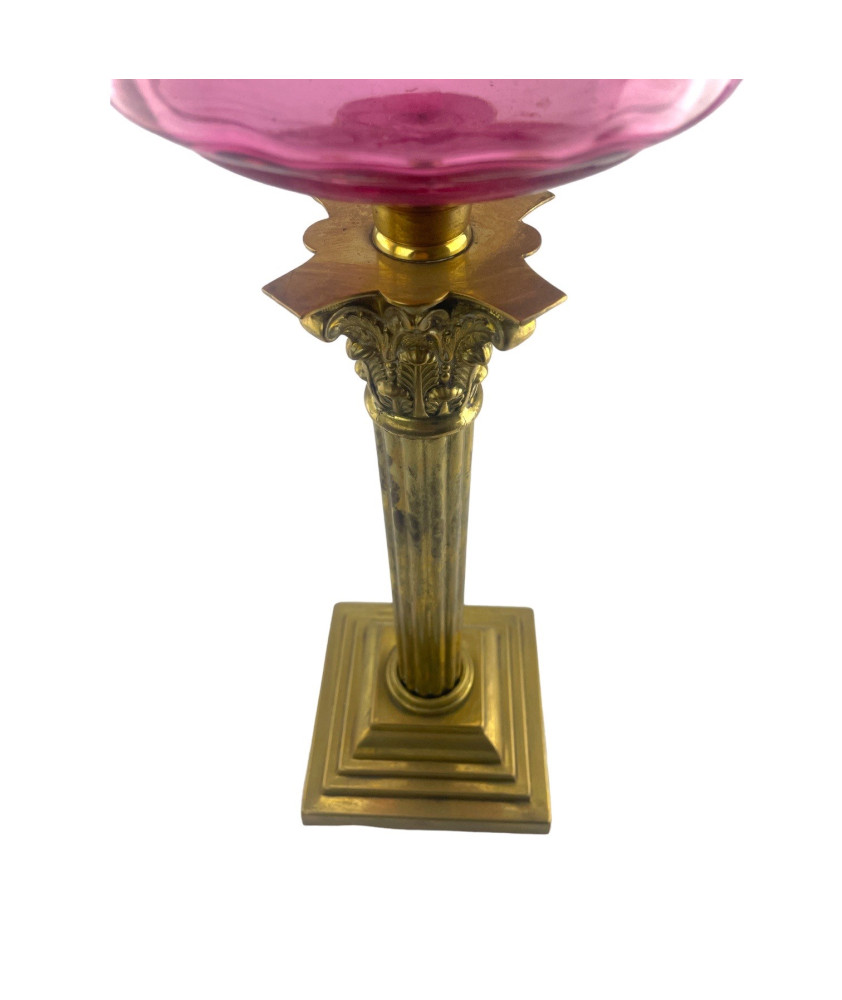 Duplex Oil Lamp with Pink Font, Chimney and Cranberry Shade