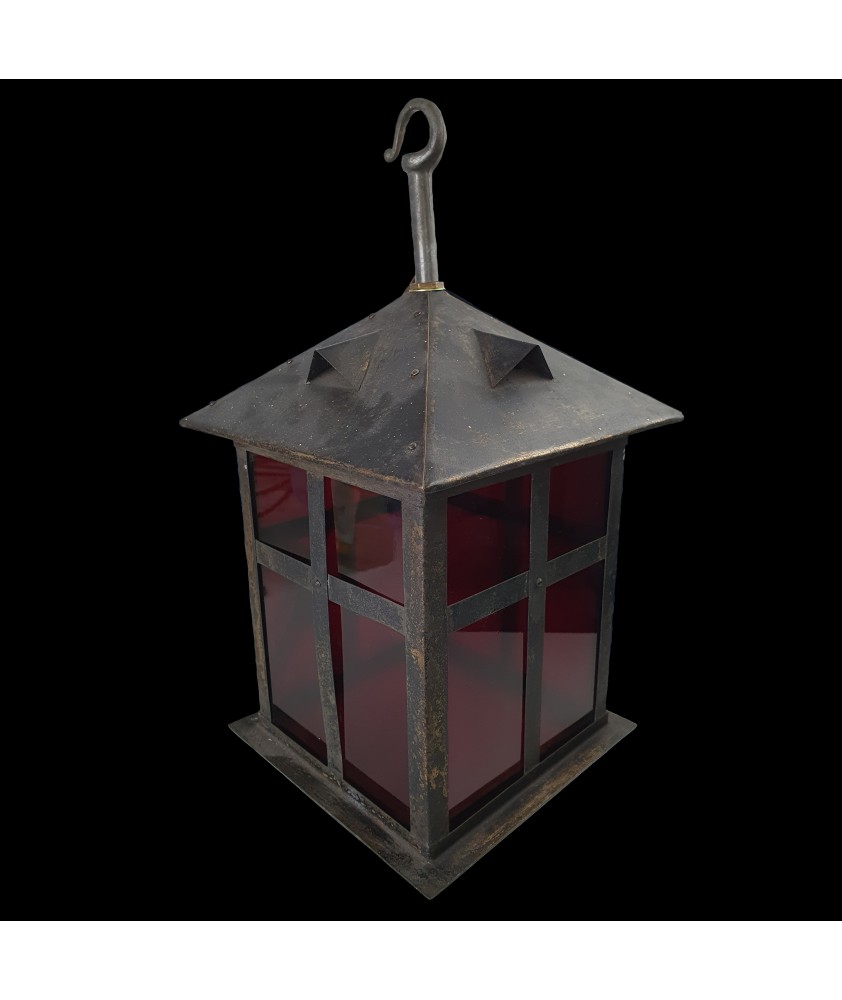 Charming Distressed Black Lantern with Red Glass Panels 