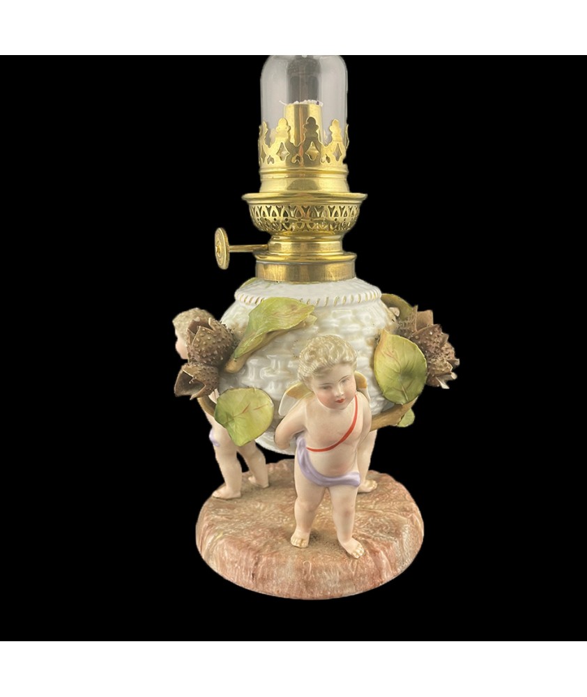 Pair of Antique Von Schierholz Figural Oil Lamp Font Base fitted with Kosmos Burner and Chimney