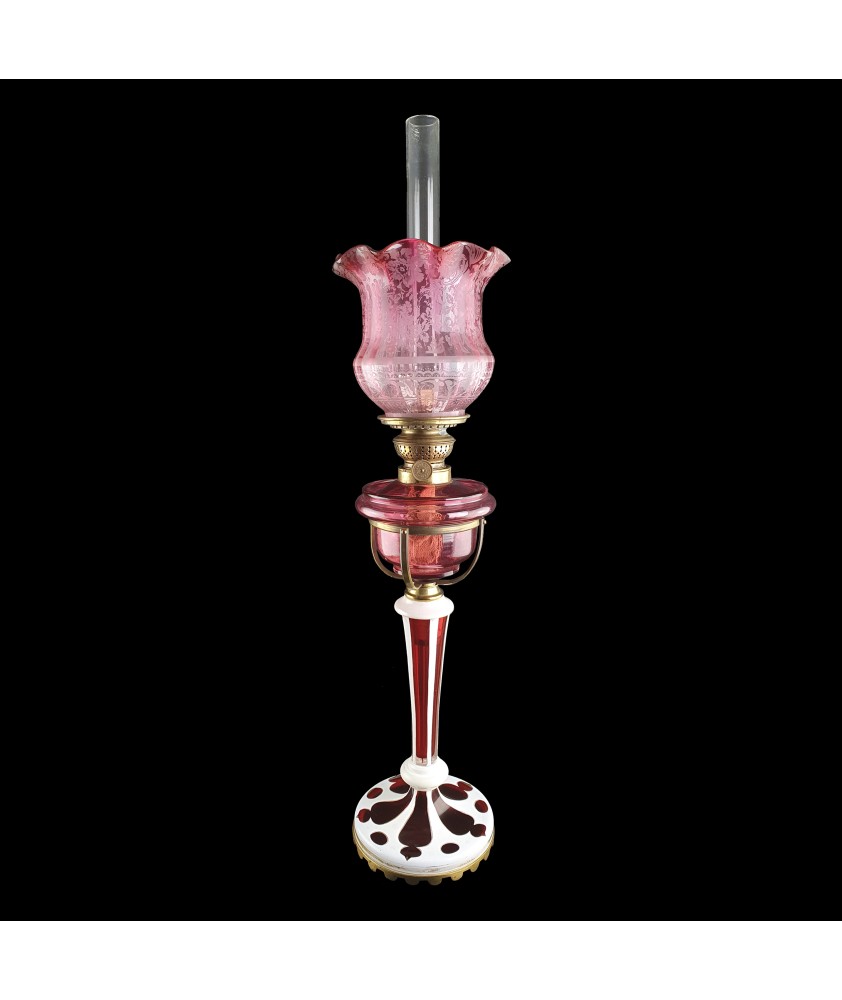 Complete Antique Bohemian Overlay Glass Opal to Cranberry Oil Lamp