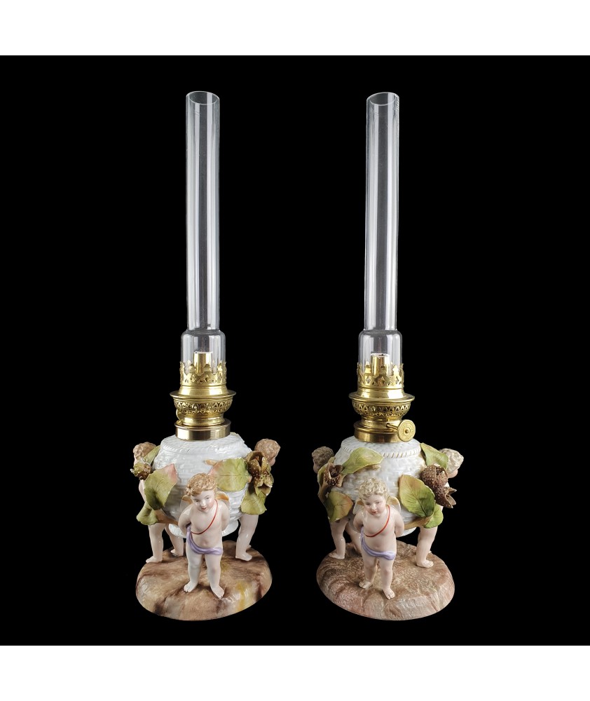 Pair of Antique Von Schierholz Figural Oil Lamps